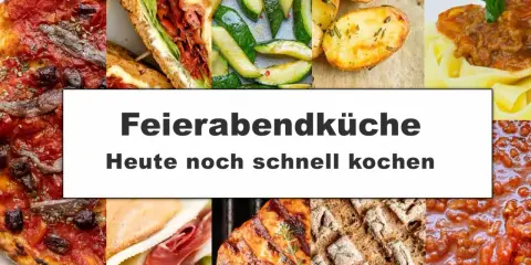 Collage mit Pizza, Sandwich, Zucchini, Kartoffeln, Pasta und Brot. Perfekt für schnelle Gerichte nach Feierabend.