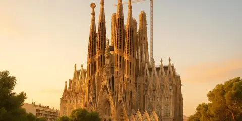 Sagrada Familia w Barcelonie, wciąż w budowie, góruje nad drzewami w złotym świetle zachodzącego słońca. Dźwig budowlany przypomina o trwającym dziele.