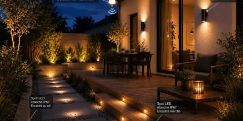 Éclairage extérieur moderne : projecteur, appliques murales et spots LED encastrés au sol et sur les marches, illustrant les 4 types d'ampoules pour un jardin illuminé.