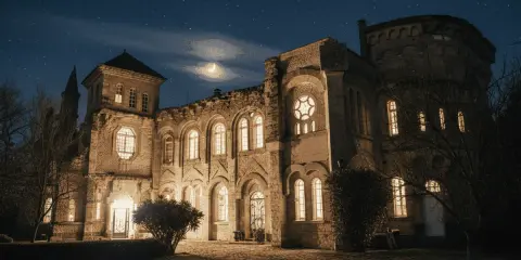 Un château illuminé sous un ciel étoilé et une lune croissante. Les fenêtres brillent, invitant à découvrir les mystères des nuits du château.
