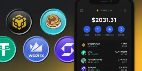 Portfel cyfrowy z kryptowalutami, w tym tokenami BEP-20, jak USDT i CAKE. Widoczny ekran telefonu z saldem $2031.31.