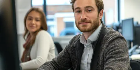 Mężczyzna z brodą i kobieta pracują przy komputerach, wykonując testy integracyjne.