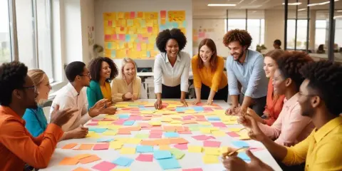 En grupp glada människor samlade runt ett bord täckt av färgglada post-it-lappar. En inspirerande scen för saker att hitta på med sin partner, som att brainstorma idéer tillsammans.
