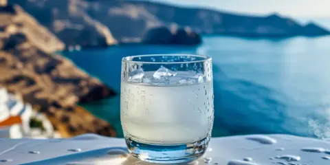 Szklanka orzeźwiającego ouzo z lodem na tle greckiego wybrzeża. Zastanawiasz się, ouzo ile ma procent? Zazwyczaj 40-50%.