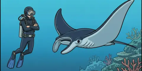 Subacqueo osserva una manta, uno dei magnifici animali dell'oceano, nuotare tra coralli colorati.