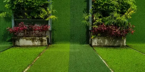 Dos jardines verticales con diferentes tipos de césped y plantas. El camino central muestra dos tonos de césped artificial.