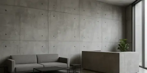 Nowoczesny salon z betonem architektonicznym. Sofa, stolik kawowy i recepcja tworzą minimalistyczną aranżację wnętrz.