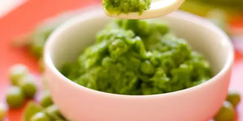 Un tazón lleno de puré de guisantes para bebé, con una cuchara que muestra una porción.