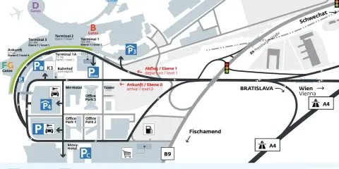 Mapa lotniska w Wiedniu z oznaczeniami parkingów, terminali i dróg. W weekend wiedeński parkowanie jest łatwe dzięki tej mapie.