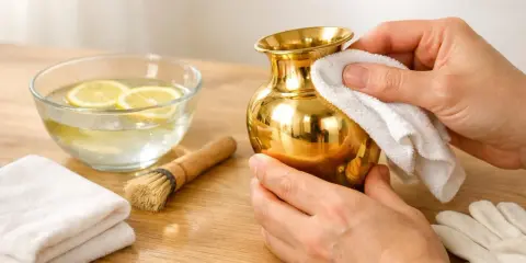Comment nettoyer du laiton doré : une main frotte un vase doré avec un chiffon blanc. À côté, un bol d'eau citronnée, une brosse et des gants.
