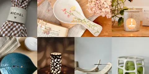 Objets artisanaux en argile : porte-serviette personnalisé, cuillère décorée, diffuseur, porte-savon feuille, lampe ajourée, repose-baguettes, panier à fruits. Une belle idée argile.