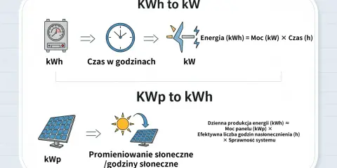 Schemat pokazuje, jak przeliczać jednostki energii: kWh na kW (Moc x Czas) i kWp na kWh (produkcja energii z paneli słonecznych).