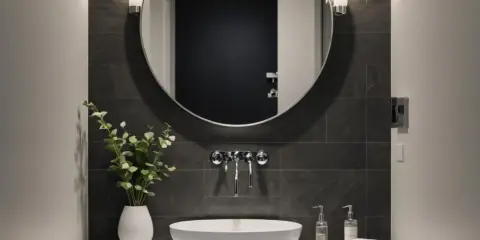 Elegancka łazienka z okrągłym lustrem nad umywalką. Na jakiej wysokości lustro w łazience? To zależy od Twojego wzrostu i preferencji.