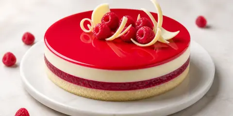 Entremet vanille et framboise, glacé rouge vif, décoré de fruits rouges et de copeaux de chocolat blanc.