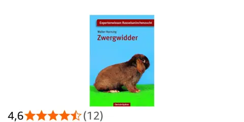 Ein brauner Zwergwidder sitzt auf grüner Wiese. Das Buch "Zwergwidder" von Walter Hornung zeigt verschiedene zwergwidder farben.