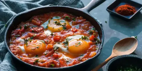 Poêle de shakshuka, un plat savoureux avec des œufs pochés dans une sauce tomate épicée, parfait pour une recette facile.