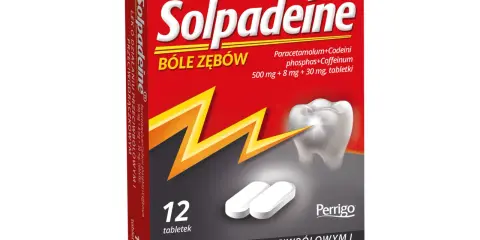 Opakowanie leku Solpadeine, zawierającego leki opioidowe, na bóle zębów. W zestawie 12 tabletek.