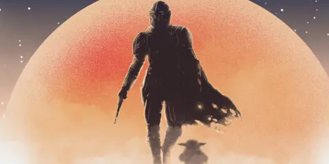 Mandalorian i Dziecko idą pod wielką, pomarańczową planetą. To jest ten sposób, mandalorian po polsku.