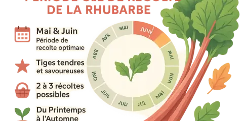 Période clé de récolte de la rhubarbe : Mai et Juin pour des tiges tendres et savoureuses. Profitez de cette généreuse saison !