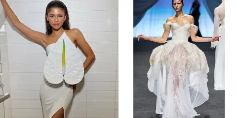 Zendaya stuns in a unique white gown with a floral accent, and another model showcases a dramatic, feathered wedding dress.