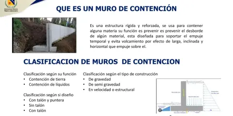 Muro de contención de hormigón que retiene tierra. Se explican clasificaciones de muros de contención.