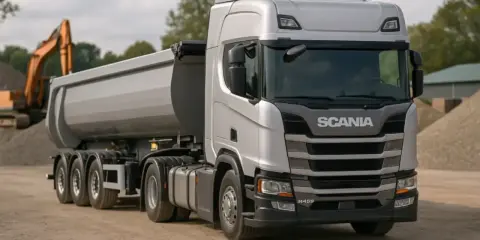 Srebrna wywrotka Scania R459 z naczepą, gotowa do transportu kruszywa. Sprawdź, jaka jest tłuczeń cena za wywrotkę.