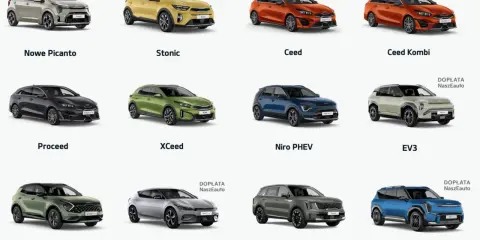 Różnorodne segmenty samochodów: od miejskich Picanto, przez crossovery Stonic, XCeed, Niro PHEV, Sportage, po elektryczne EV3, EV6, EV9 i kombi Ceed.