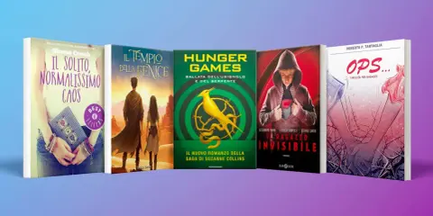 Libri per ragazzi scuola media: "Il solito, normalissimo caos", "Il tempio della fenice", "Hunger Games", "Il ragazzo invisibile" e "Ops...".