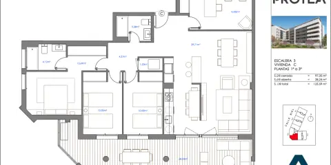 Plano de vivienda con distribución de habitaciones y terraza. La orientación ideal para una casa en España es clave para el confort.