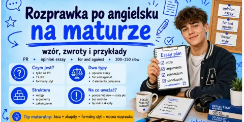 Chłopak prezentuje plan eseju typu opinion essay. Grafika zawiera wskazówki dotyczące struktury i typów rozprawki na maturze.