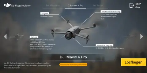 DJI Flugsimulator zeigt die DJI Mavic 4 Pro mit Details zu Flugzeit, Kamera und Hindernisvermeidung.
