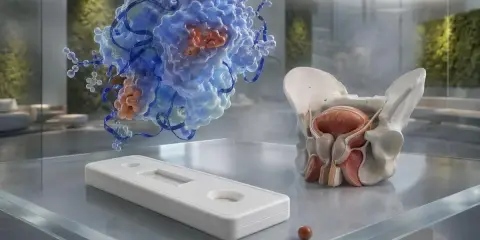 Model miednicy z pęcherzem i prostatą, test diagnostyczny i molekularna struktura. Symbolizuje diagnostykę i leczenie, np. norma psa po usunięciu prostaty.