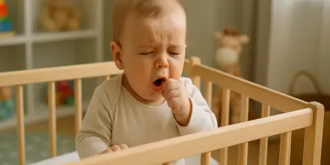 Niemowlę w łóżeczku zamyka oczy i zakrywa usta rączką, wyraźnie czuć kaszel u niemowlaka.