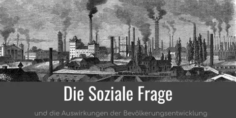 Dampfende Fabrikschlote über einer Stadt, die die soziale Frage und die Auswirkungen der Bevölkerungsentwicklung symbolisiert.
