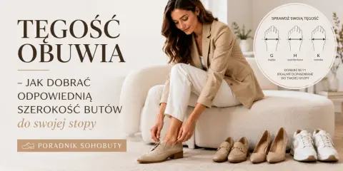 Kobieta dobiera buty, sprawdzając tęgość obuwia H. Poradnik pokazuje, jak dobrać idealnie dopasowane buty do stopy.
