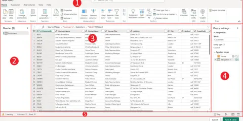 Im Power Query Editor werden Kundendaten angezeigt, mit Spalten wie Firmenname und Stadt.