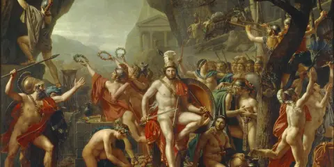 Krieger und Bürger feiern Siege. Ein Mann mit Lorbeerkranz, wie ein Gesetzgeber Spartas, hält ein Schwert.