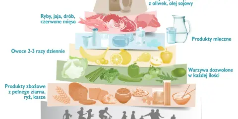 Piramida żywienia: produkty zbożowe, warzywa, owoce, nabiał, ryby, drób, mięso, tłuszcze. Podstawa to ruch. Idealna dieta po zawale serca.