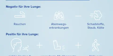 Bausteine der COPD-Therapie: Rauchen, Atemwegserkrankungen und Schadstoffe sind negativ. Richtig husten, Medikamente (wie der brimica wirkstoff im Inhalator) und Aktivsein sind positiv für die Lunge.