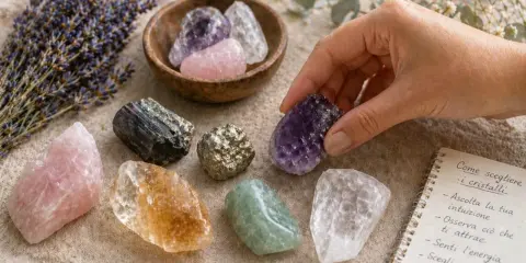 Mano sceglie un cristallo viola, circondato da quarzi di vari colori e lavanda. Il quarzo ha un profondo significato spirituale.