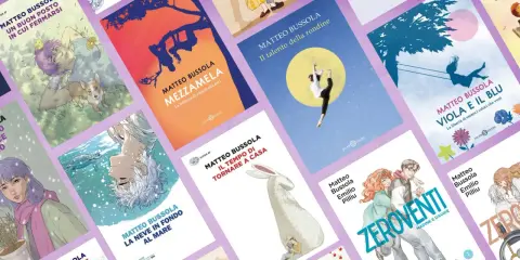 Copertine di libri di Matteo Bussola: "Un buon posto in cui fermarsi", "Mezzamela", "Il talento della rondine", "Viola e il blu", "La neve in fondo al mare", "Il tempo di tornare a casa" e "Zeroventi".