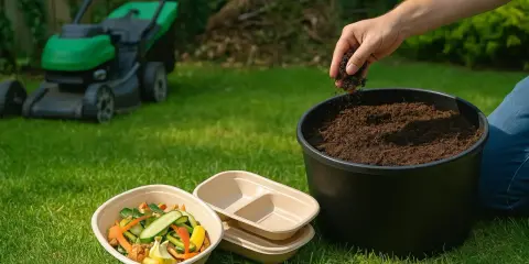 Persona añade tierra a un compostador al aire libre. Hay restos de comida y un cortacésped en el jardín.