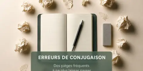 Un cahier ouvert avec un stylo, des boules de papier froissé et une gomme. Le texte indique "Erreurs de conjugaison", suggérant des pièges fréquents à éviter.