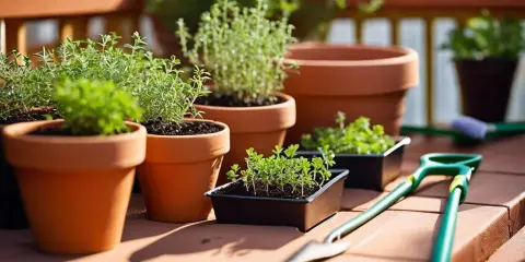 Plusieurs plants de thym en pot, prêts à être transplantés, sur un balcon ensoleillé. Des outils de jardinage sont à proximité.