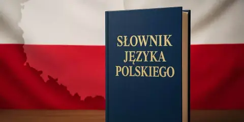 Słownik języka polskiego na tle flagi Polski. Poznaj zasady ortograficzne i wzbogacaj swoje słownictwo.