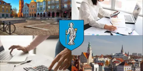 Kolaż: Rynek w Olsztynie, kobieta z kalkulatorem i laptopem, herb Olsztyna, panorama miasta.