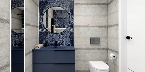 Nowoczesna granatowa łazienka inspiracje: beton, marmur i elegancka szafka.