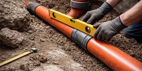 Ręce w rękawiczkach sprawdzają poziomicą spadek kanalizacji. Pomarańczowa rura leży w wykopie, obok leży miarka.