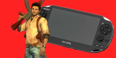 Nathan Drake con su rifle y una PS Vita, ideal para los mejores juegos PS Vita.