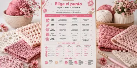 Guía visual de puntos bonitos para tejer, mostrando texturas y proyectos ideales. Incluye tabla comparativa y notas útiles.